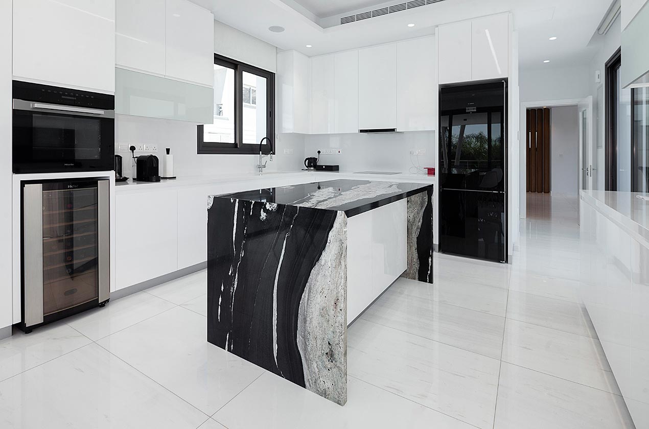 White polished marble with large black stripes becomes the center of attention