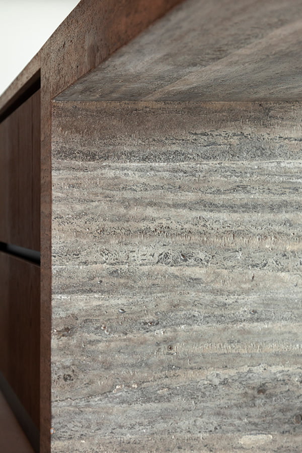 Travertino grey stone surface with wood