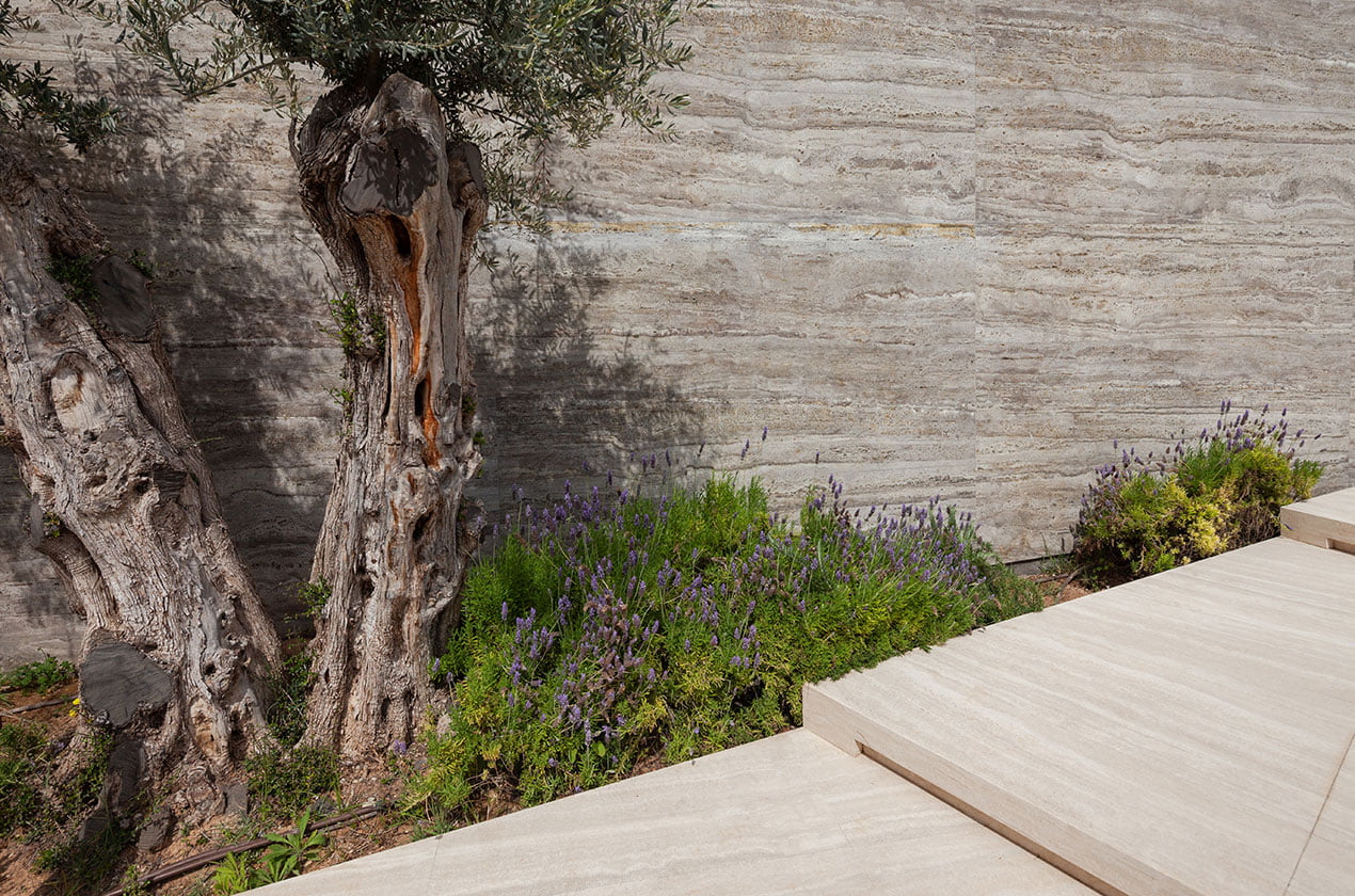 tranquil travertine with vibrant foliage