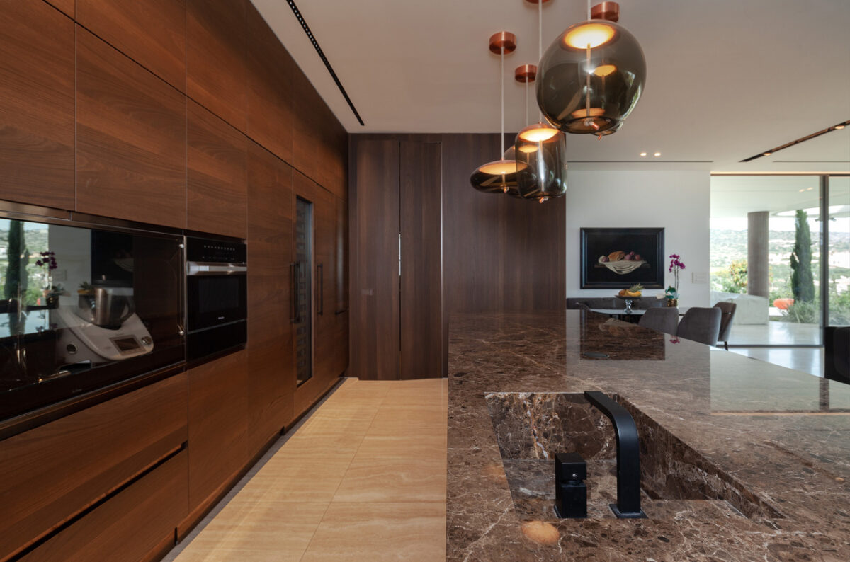 Emperador dark with oak cabinets