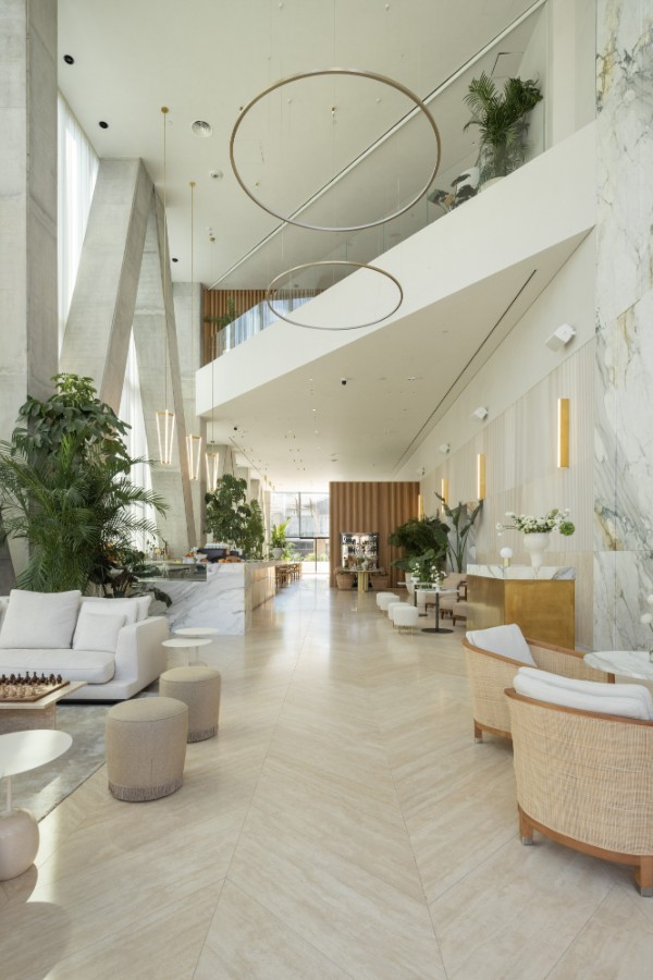 Travertino fishbone floor lobby.